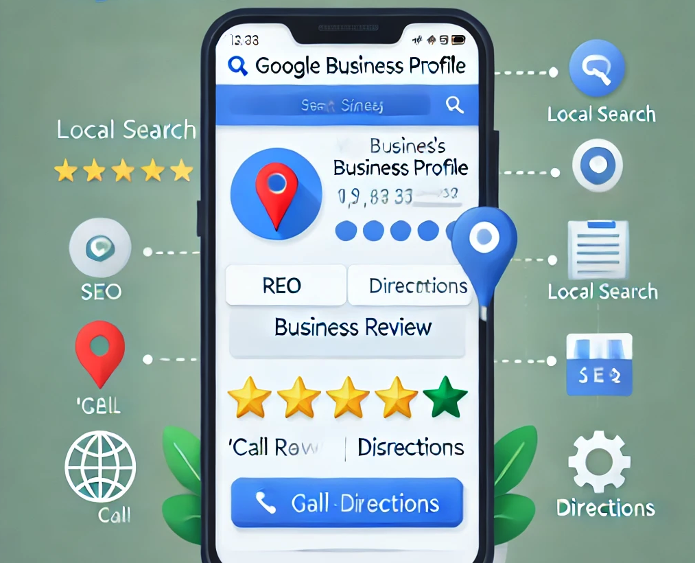 Smartphone displaying Google Business Profile features, including local search options, business review ratings, and call directions, emphasizing local visibility for businesses.
